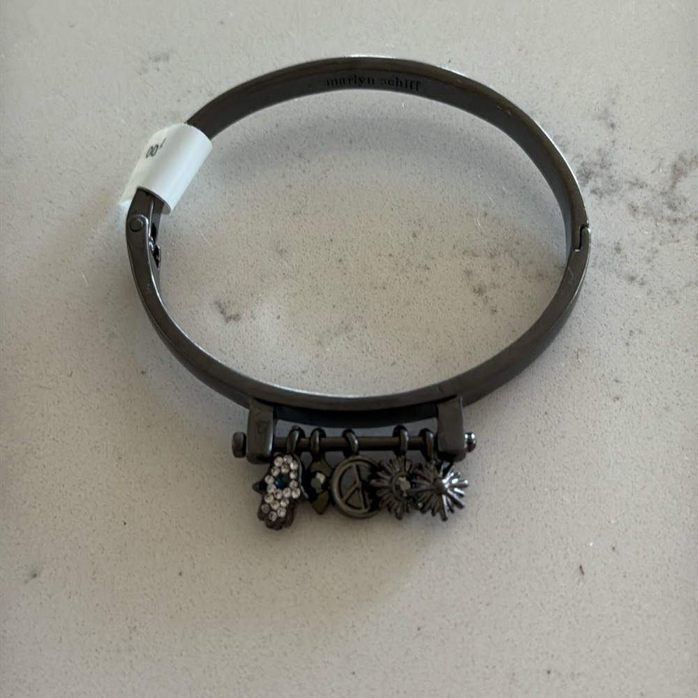 NWT Marlyn Schiff silver tone black rhinestone hinged cuff